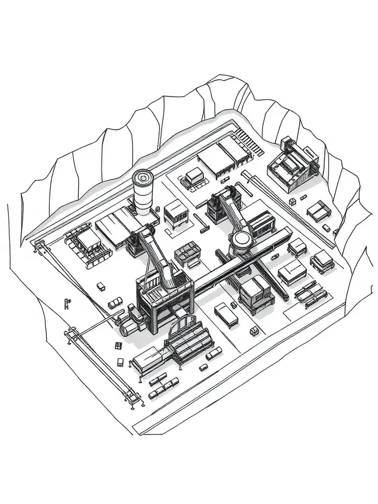 A concept layout sketch for a quarry processing facility, illustrating the initial design phase.