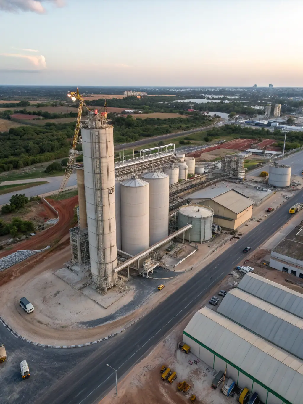 A photograph of a cement plant with silos and industrial structures, showcasing the scale and precision required in cement manufacturing.