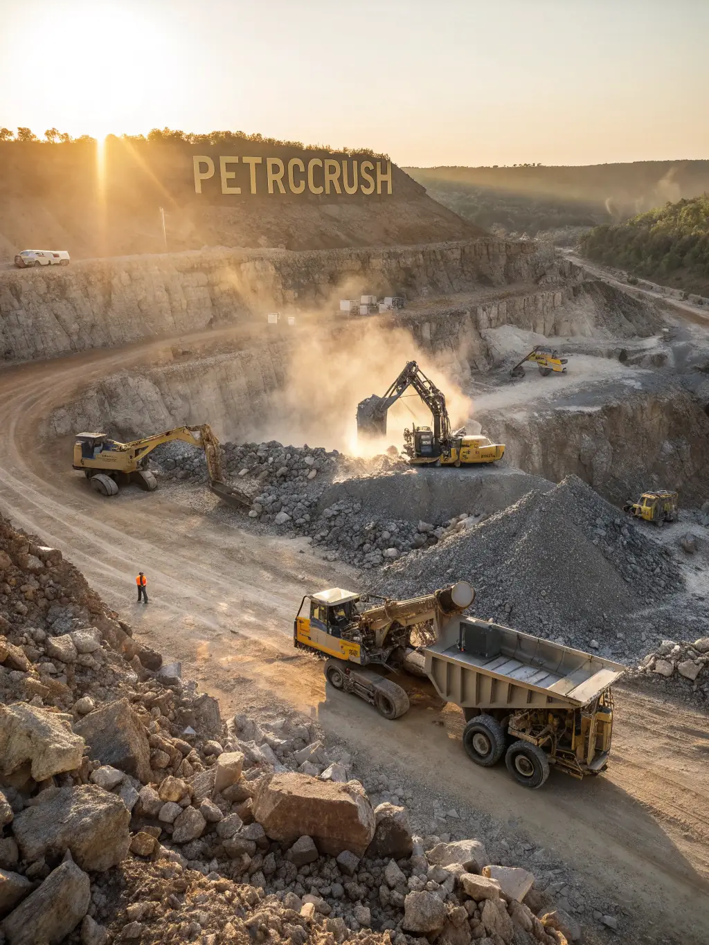 A high-angle photograph of a vast quarry with heavy machinery in operation, illustrating the scale and complexity of quarrying operations.