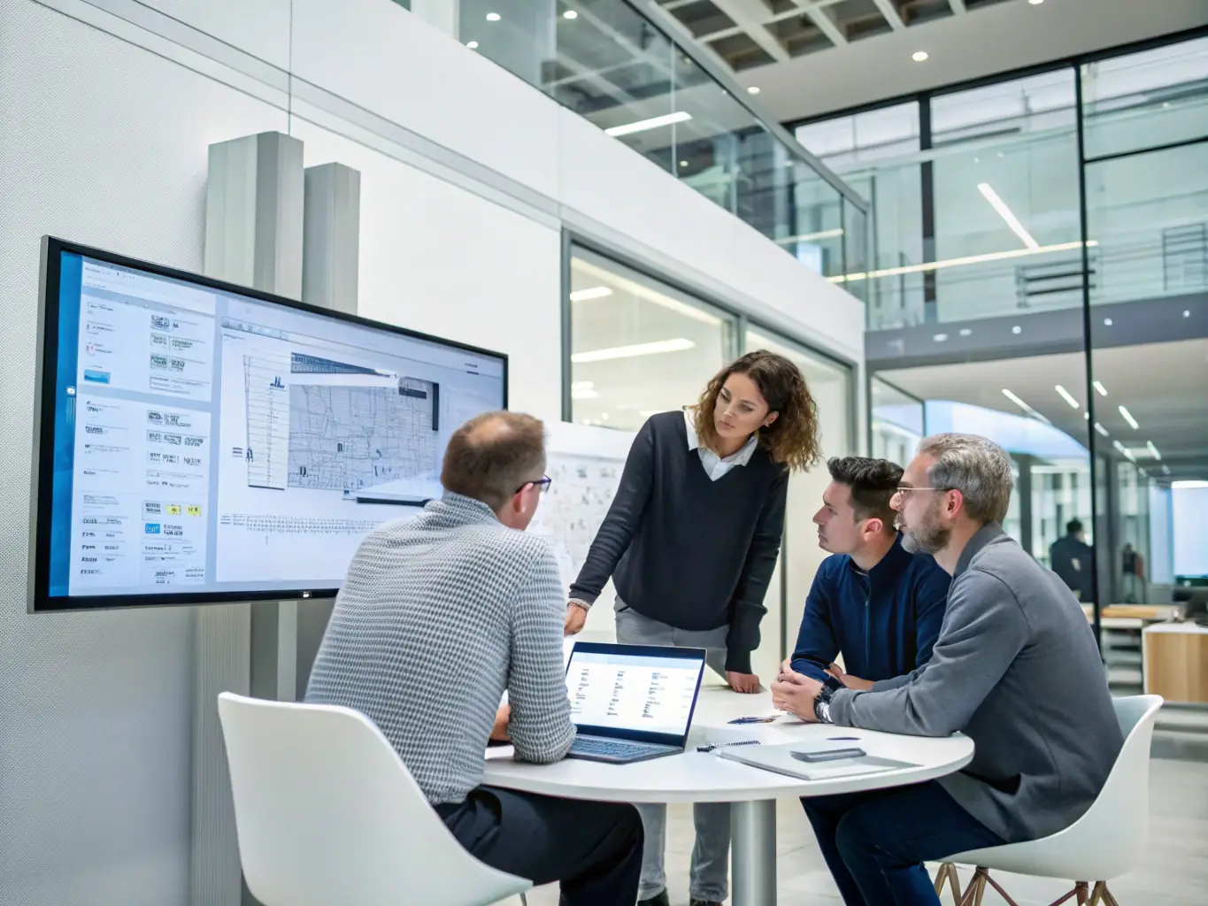 A high-resolution image depicting a team of SF Drafting professionals collaborating on a complex 3D model of a quarry processing plant, showcasing their expertise and teamwork.