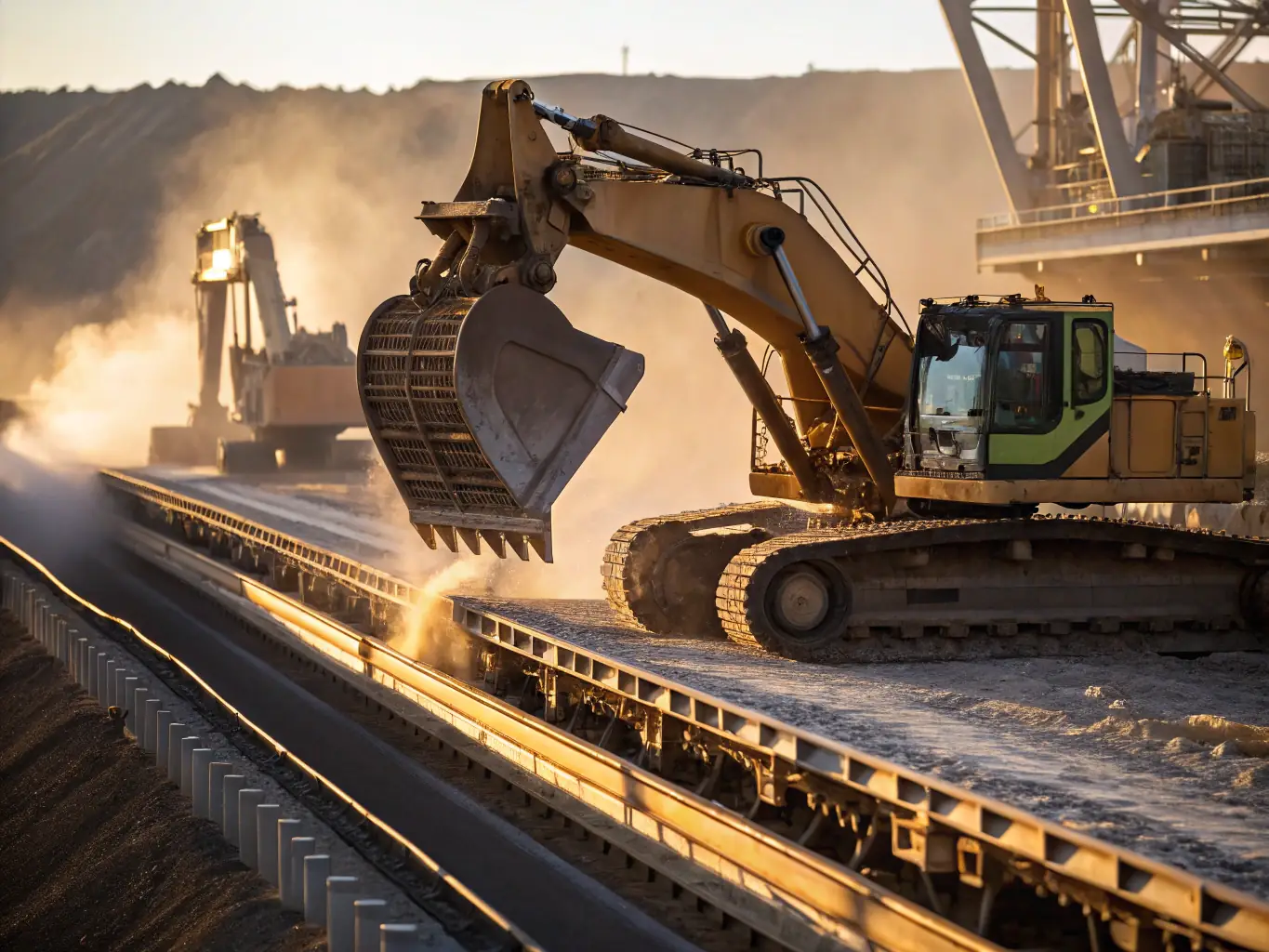 A 3D rendering of a mining equipment layout, highlighting spatial arrangement and workflow optimization, with a focus on clarity and detail.