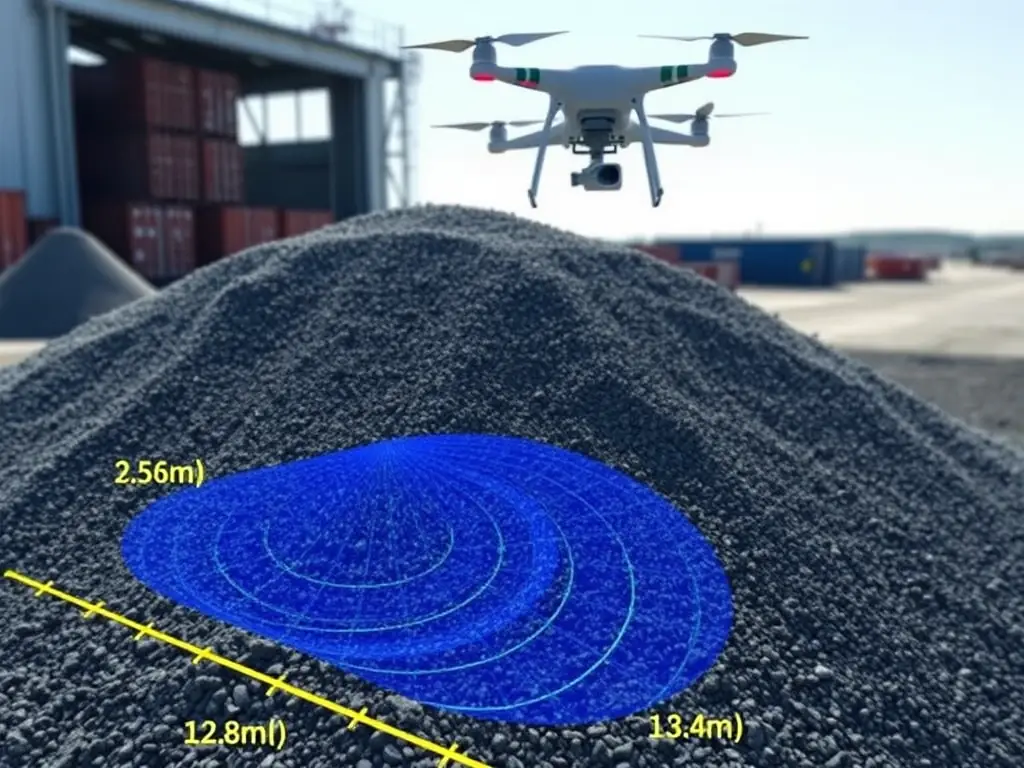 A LiDAR scan of a stockpile, showcasing the detailed 3D model generated by the drone. The image illustrates the accuracy and precision of drone-based stockpile volume measurements.
