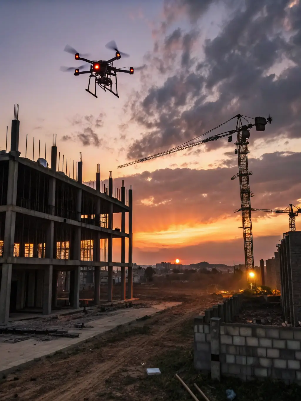A drone capturing cinematic footage of a construction project, highlighting progress and showcasing the scale of the operation with smooth, professional videography.