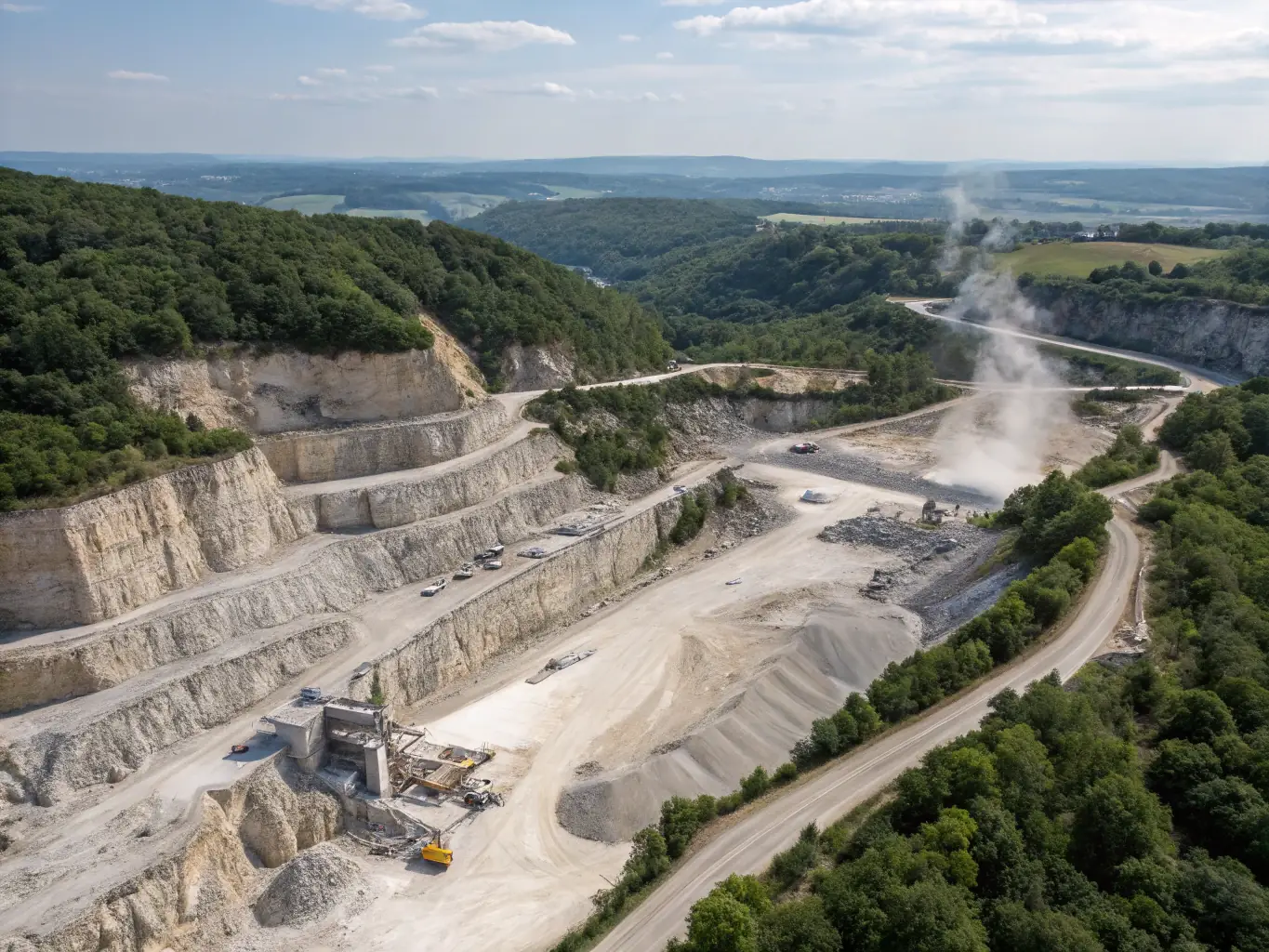 A high-resolution aerial photograph of a quarry, showcasing a drone in flight capturing detailed images of the quarry's terrain and equipment. The image emphasizes the scale and complexity of the quarry environment.